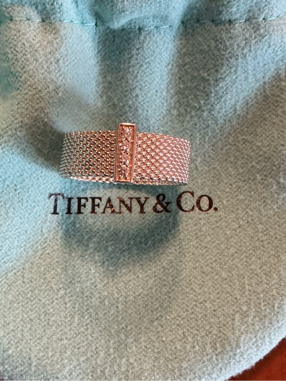 Tiffany & Co. Silver Mesh Band Ring with Diamond Accent